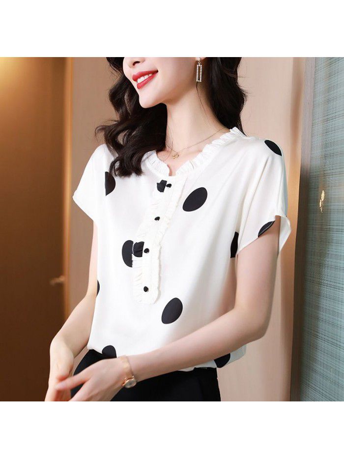 Silk short sleeve top female Auricularia edge wave point  summer new fashion loose white mulberry silk T-shirt 
