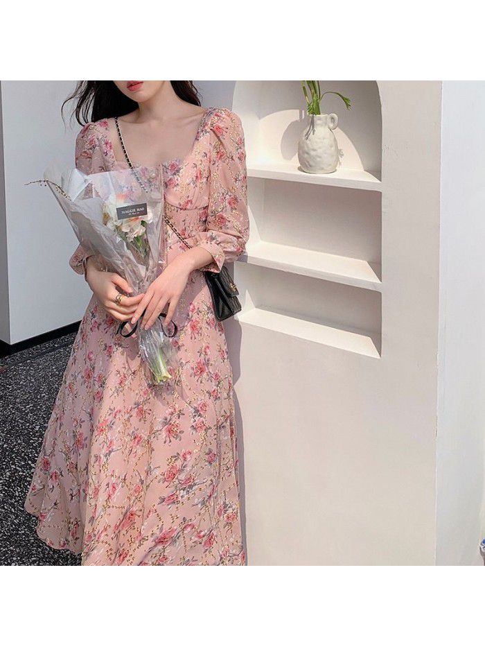 French embroidery dress women's  spring new retro square collar Long Sleeve Chiffon floral skirt 