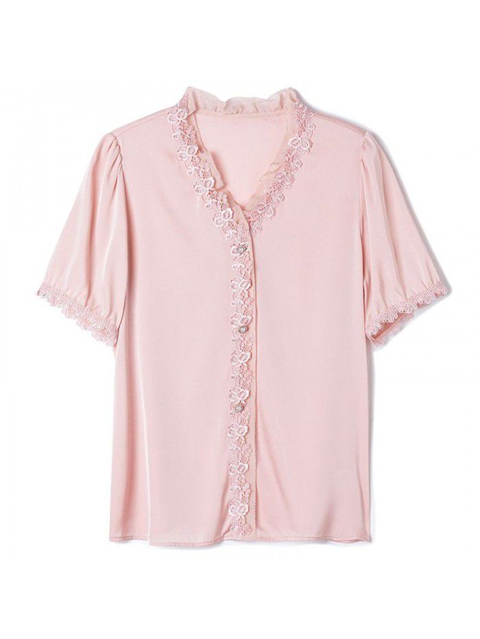 Women's design sense of heavy silk shirt niche  summer new lace short sleeve Mulberry Silk Pink Top 