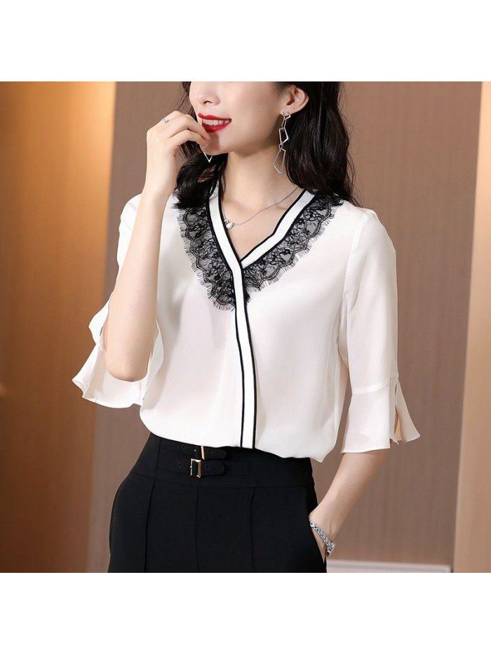 Real silk shirt women  summer new lace design small foreign style short sleeve silk shirt women 