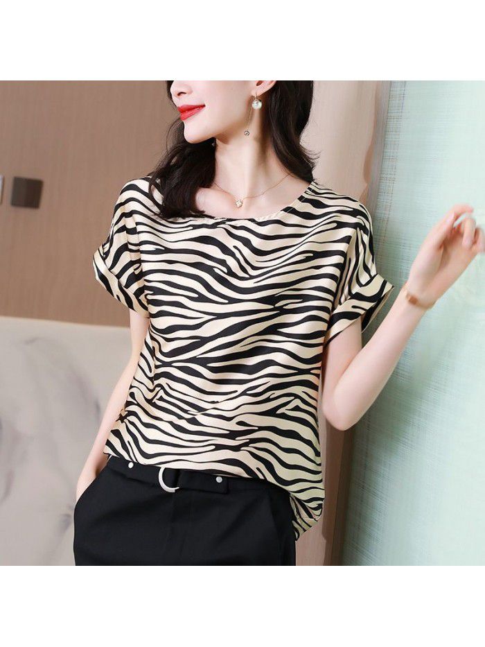 Zebra pattern Short Sleeve Silk T-shirt women's new summer T-shirt loose design minority Stretch Satin shirt light ripe 