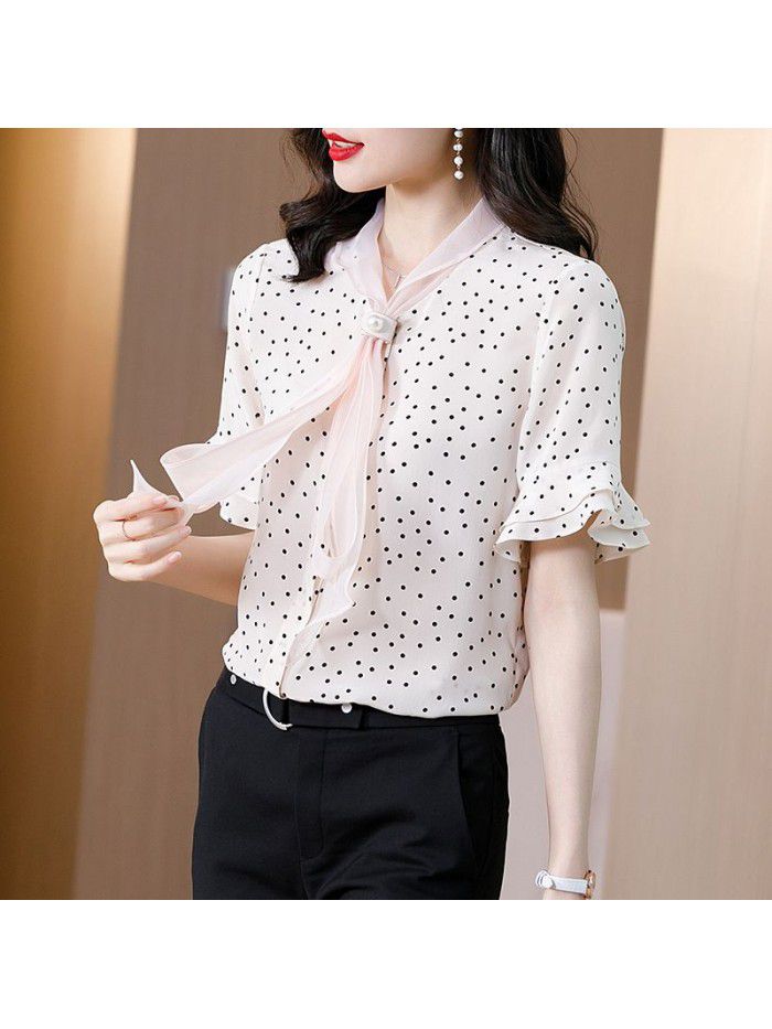 Women's design sense of silk shirt niche new wave dot short sleeve Organza collar mulberry silk top in summer  