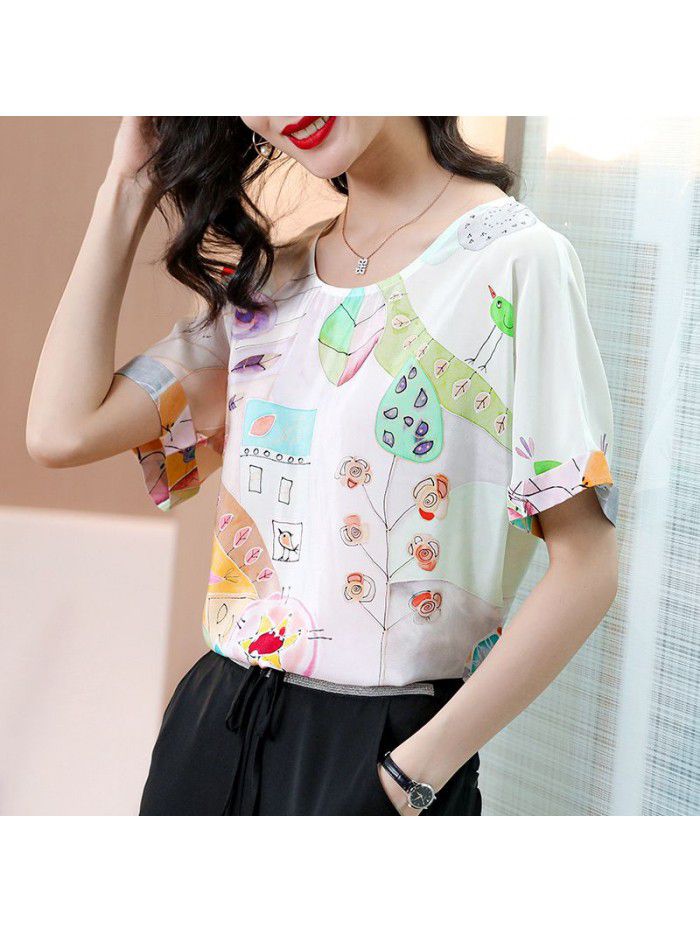 European station  summer new women's wear silk short sleeve T-shirt European silk printed thin top women's fashion 