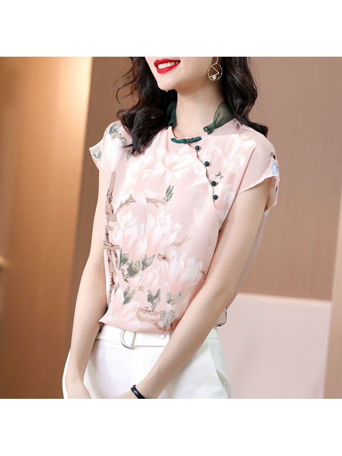Xianqi silk top women's  summer new retro foreign style slim shirt mulberry silk floral short sleeve shirt 