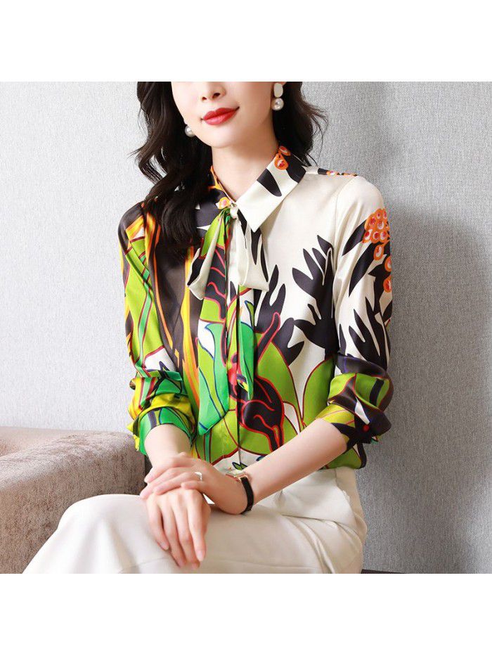 Heavyweight satin silk shirt long sleeve  spring dress new lace up temperament Lapel silk blouse 