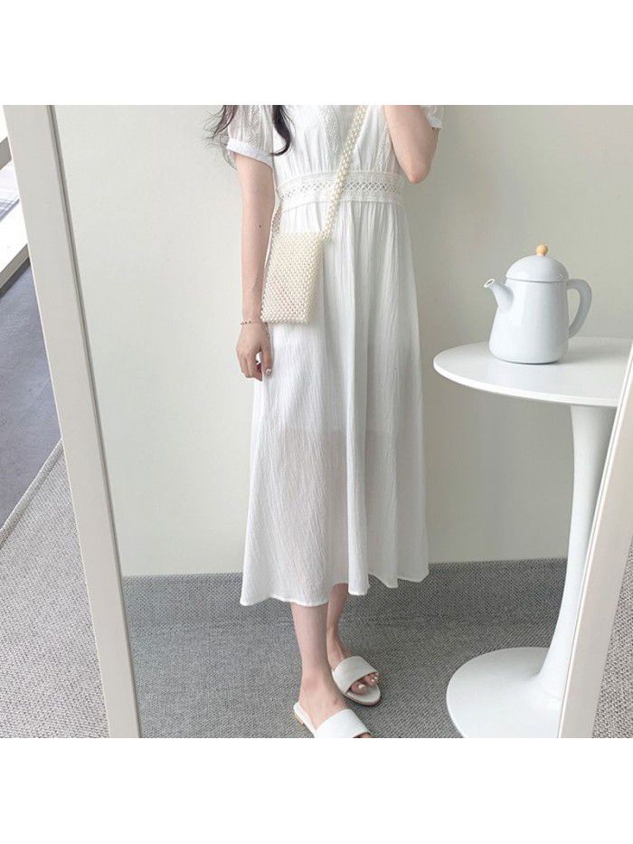 New summer retro Waist Chiffon small dress feminine medium length slim lace white dress 
