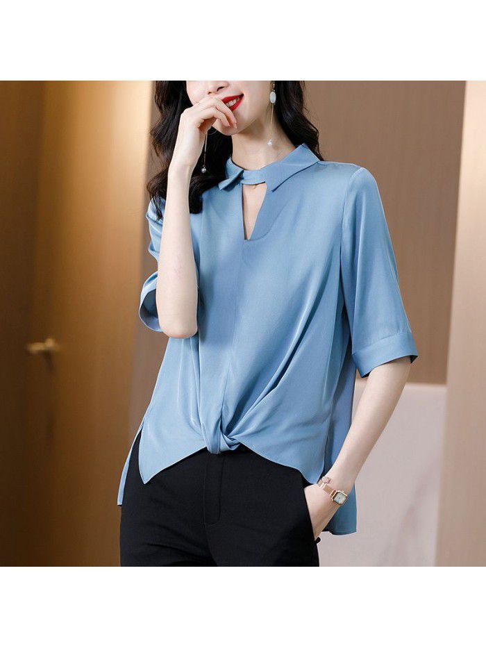 Heavyweight silk shirt women's middle sleeve design small crowd hollow collar  summer new mulberry silk half sleeve top 