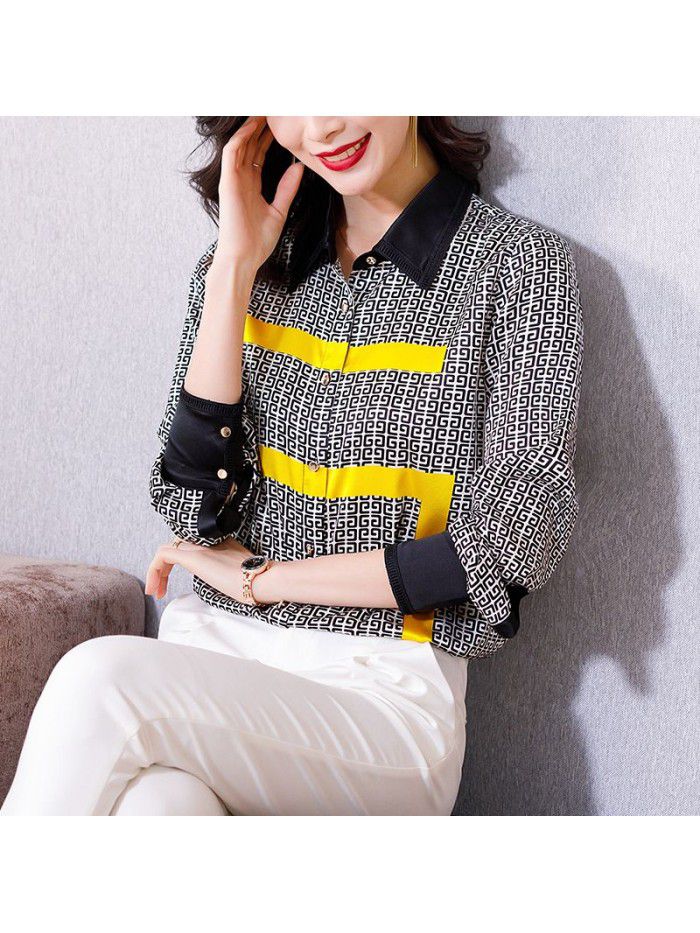 Heavy weight satin silk shirt women's long sleeve  spring new color contrast western style loose top Plaid Shirt 