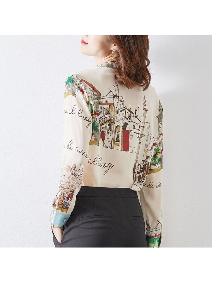 Women's spring new  shirt architectural printing long sleeve mulberry silk temperament standing collar printing heavy silk top 