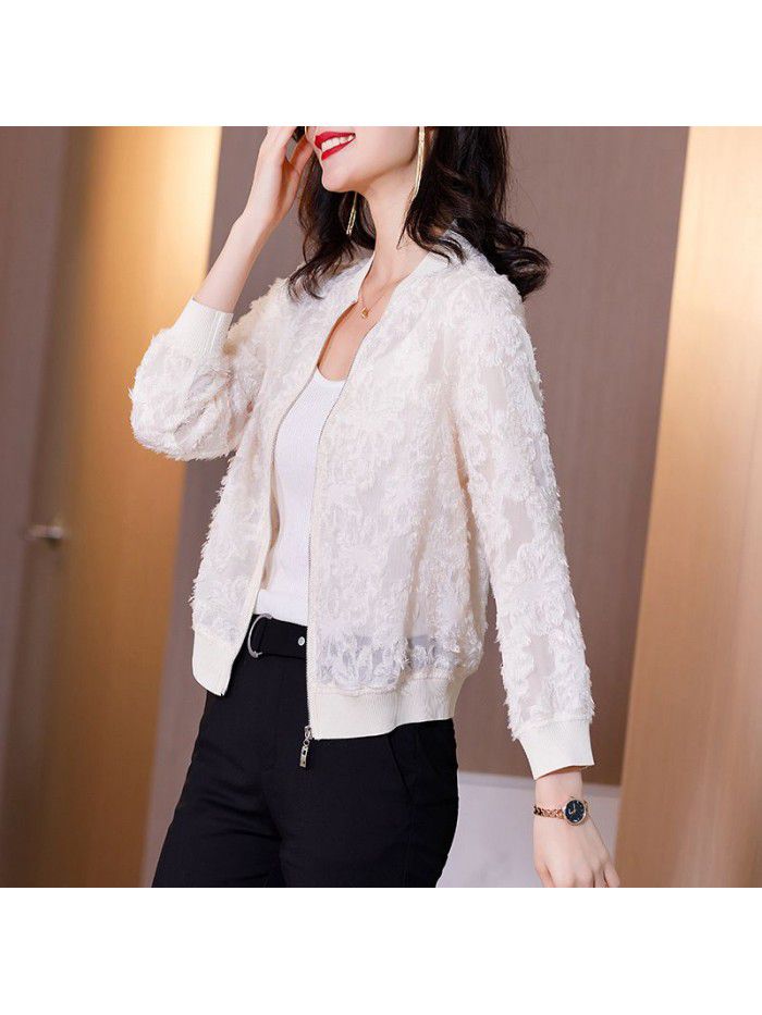 Lace Baseball Jacket Women's spring and summer  new thin embroidered sunscreen shirt women's long sleeve loose cardigan 