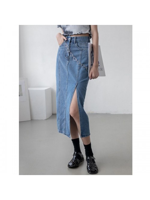 Retro side split denim skirt women's mid leng...