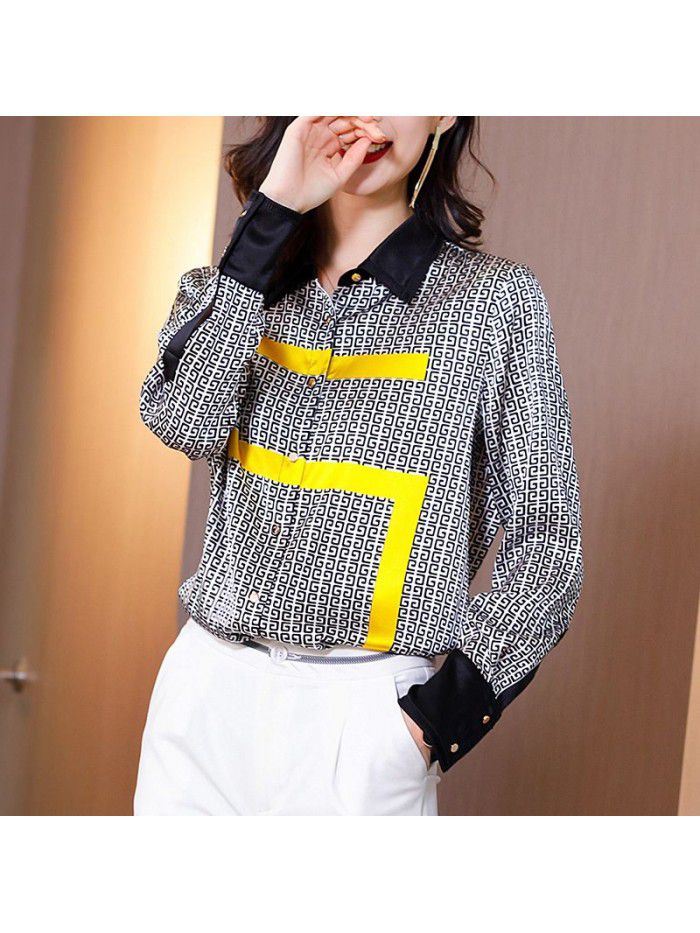 Heavy weight satin silk shirt women's long sleeve  spring new color contrast western style loose top Plaid Shirt 