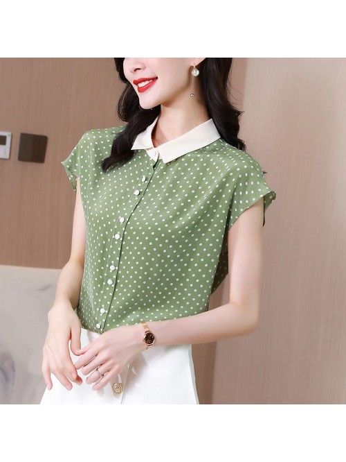 Silk polka dot print top French Shirt Short Sleeve...