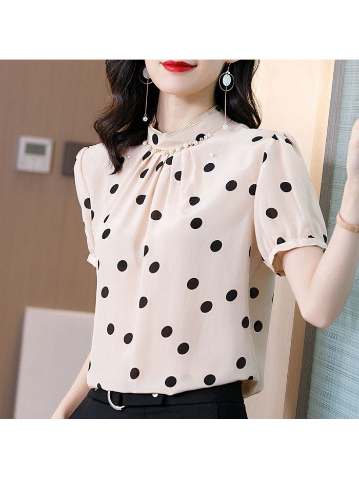 Polka dot printed silk shirt women's short sleeve loose new fashion foreign style stand collar Pullover mulberry silk top spring and summer 
