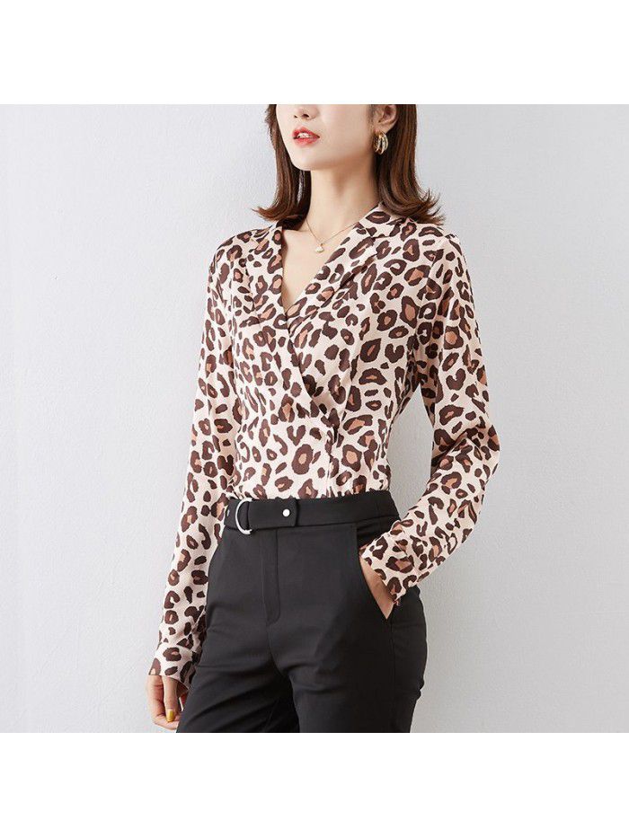Leopard print silk shirt  spring women's new simple casual Satin shirt silk top 