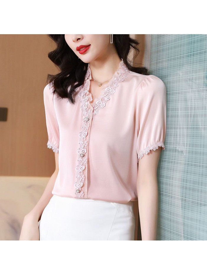 Women's design sense of heavy silk shirt niche  summer new lace short sleeve Mulberry Silk Pink Top 