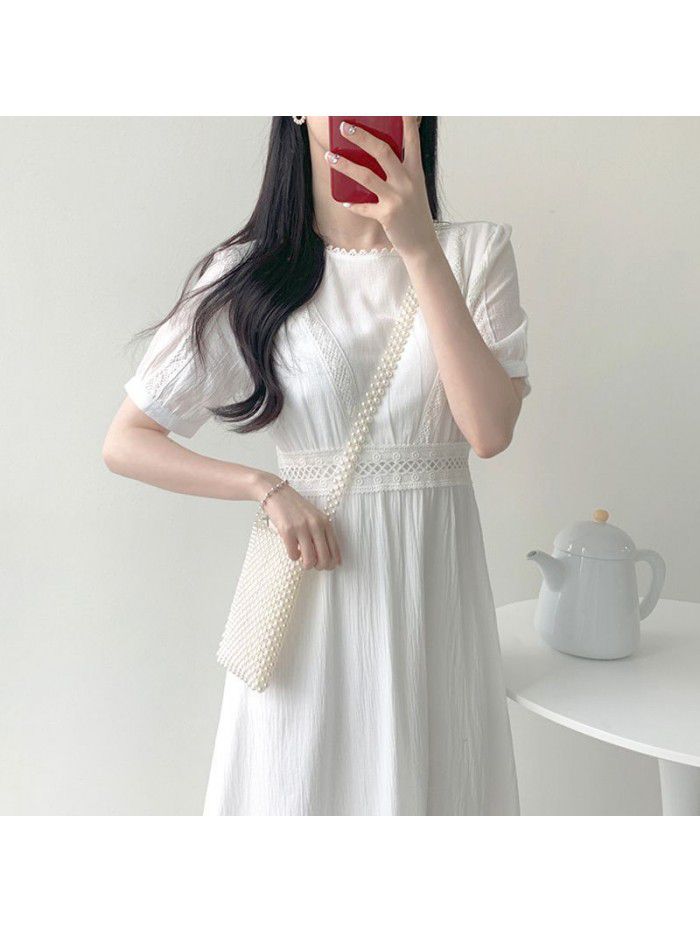 New summer retro Waist Chiffon small dress feminine medium length slim lace white dress 