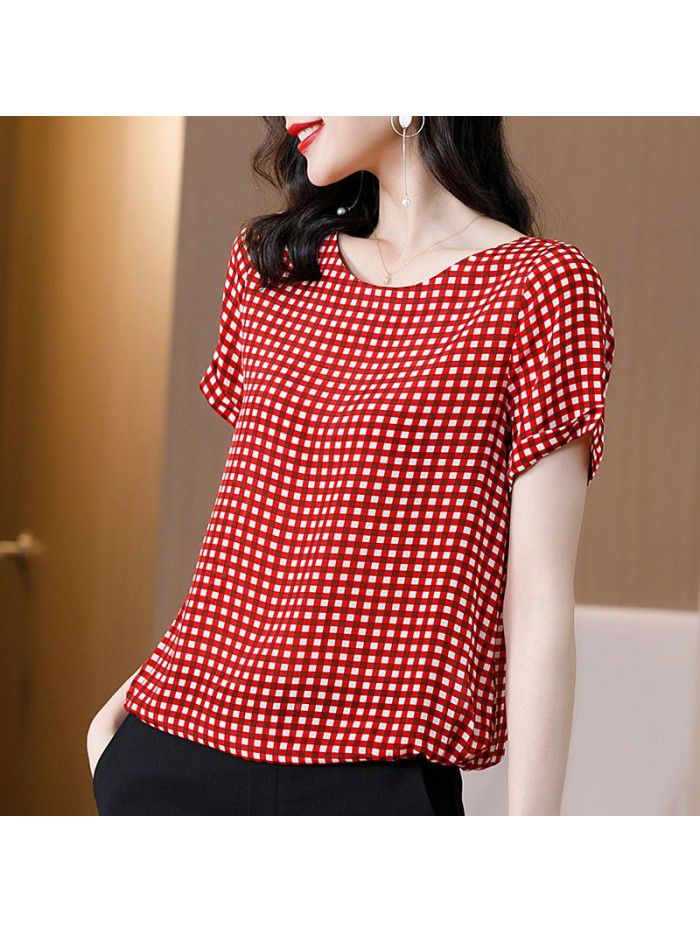 Heavy silk Plaid T-shirt women's summer  new casual silk shirt temperament slim loose top 