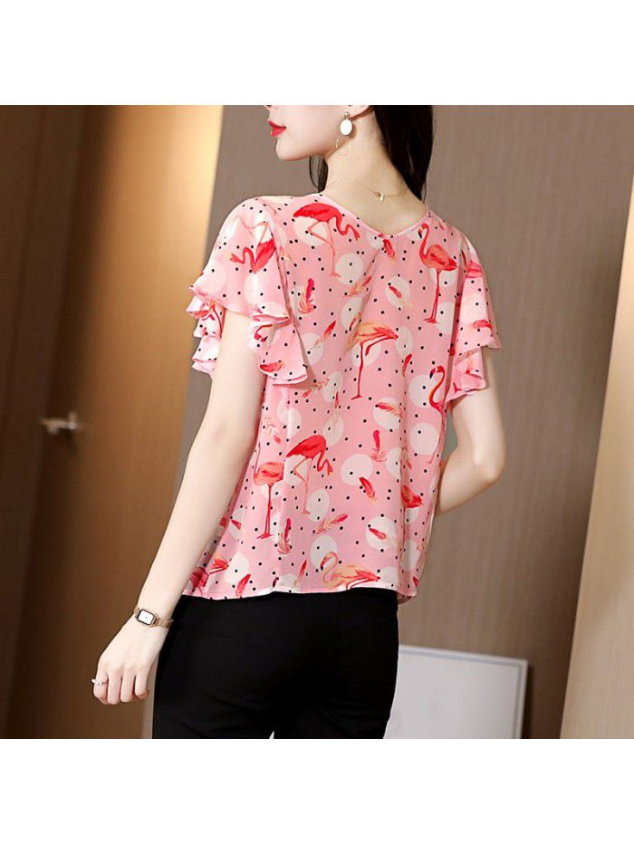 Silk blouse female mulberry silk short sleeve  spring new loose style V-neck Ruffle Shirt Top 