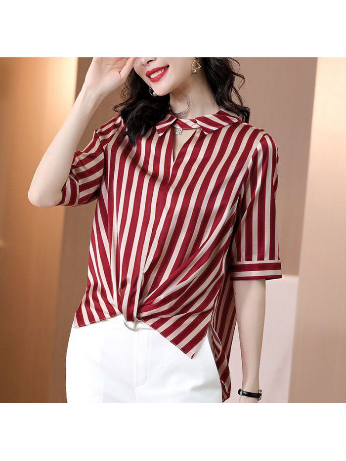 Striped silk shirt women's top  summer new loose cover meat temperament foreign style mulberry silk blouse 