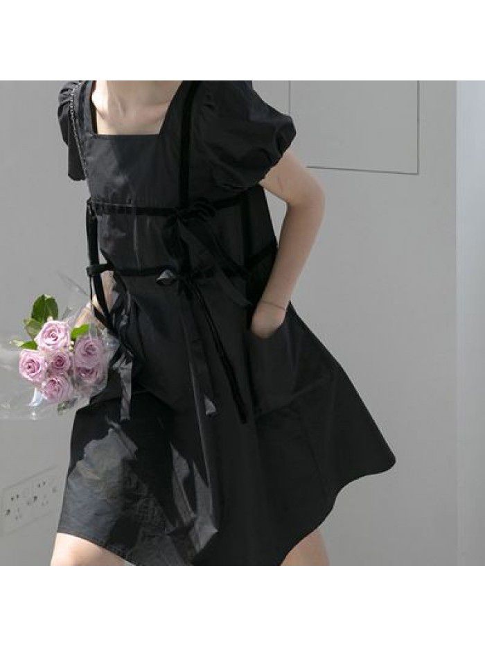 Net red bubble sleeve dress women's summer  new French square neck loose and thin ribbon skirt 