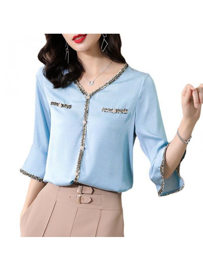 Shuangqiao Silk Shirt Short Sleeve summer dress  new top pure color foreign style shirt mulberry silk ironing temperament 