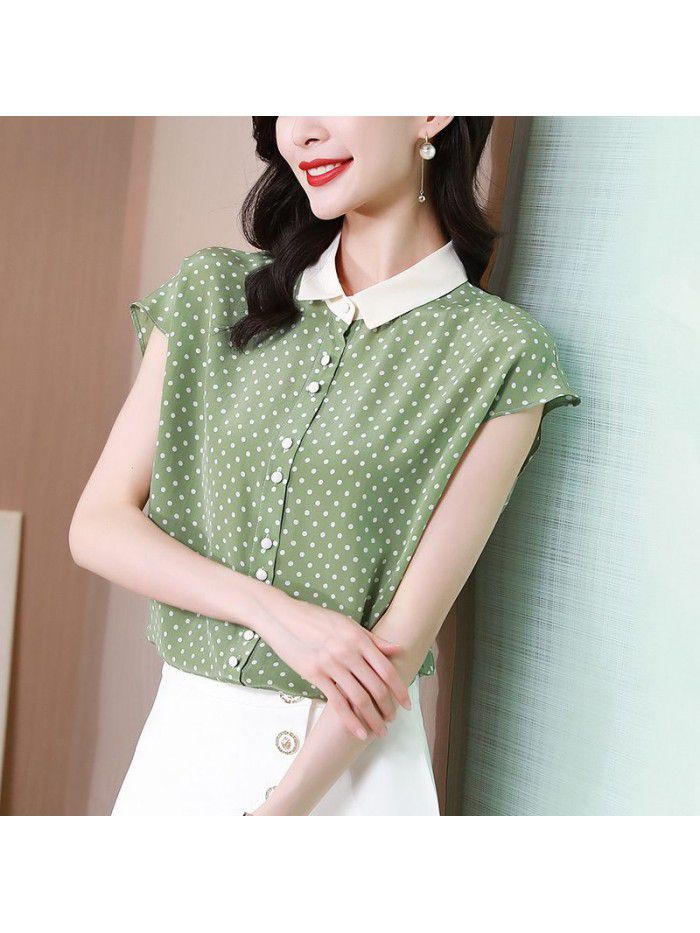 Silk polka dot print top French Shirt Short Sleeve  summer new style color contrast mulberry silk shirt 