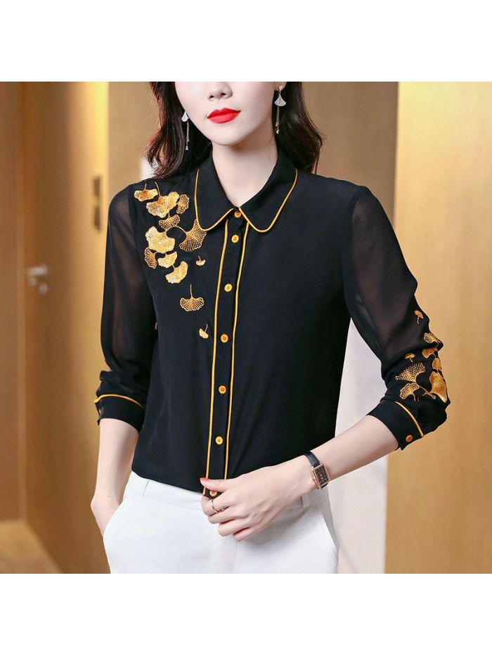 Heavy industry embroidery silk shirt women  spring and summer new bright line fashion commuter shirt mulberry silk long sleeve top 