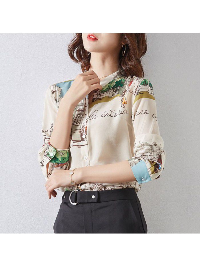 Women's spring new  shirt architectural printing long sleeve mulberry silk temperament standing collar printing heavy silk top 