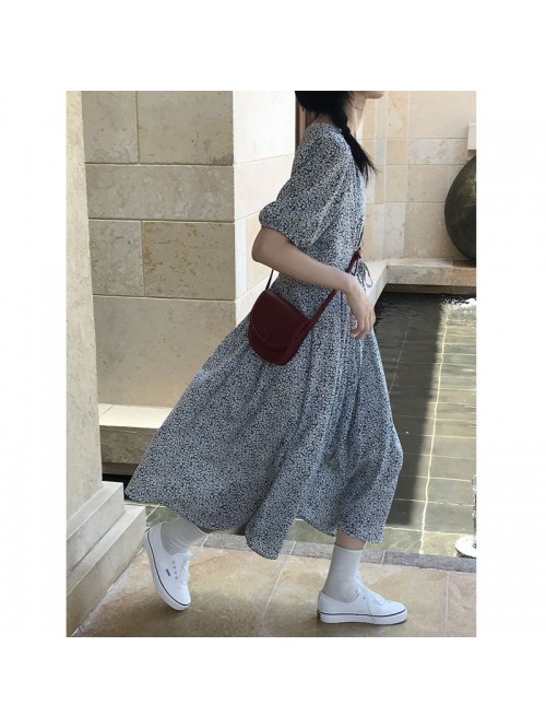 Retro small floral short sleeve dress French small...