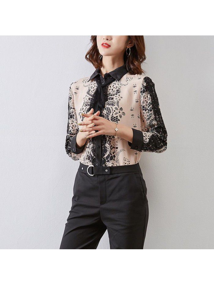 Silk shirt women's  spring new style temperament slim lace embroidery silk French blouse women's wear 