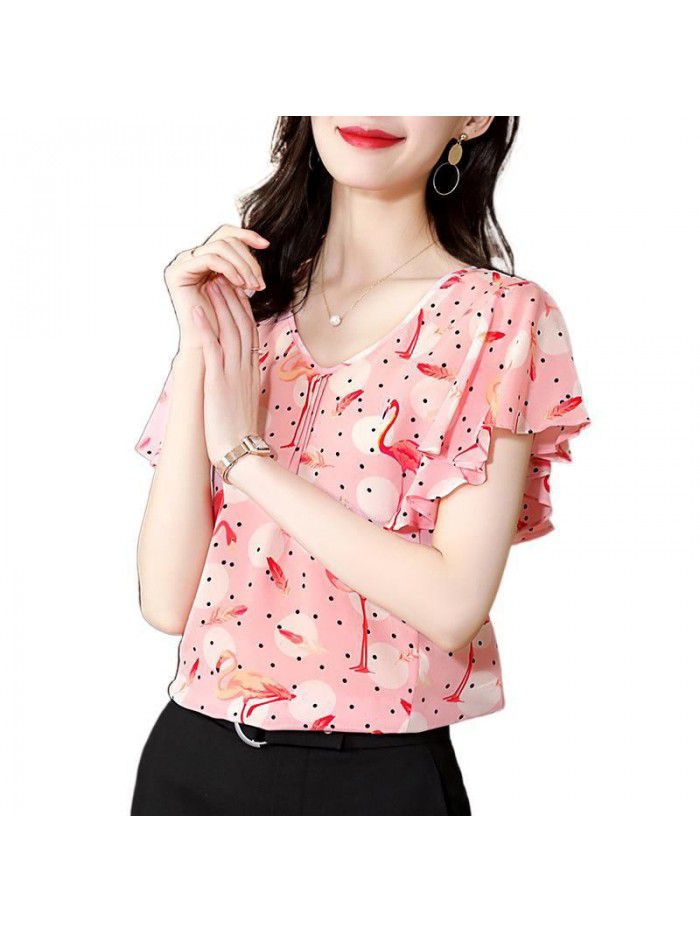 Silk blouse female mulberry silk short sleeve  spring new loose style V-neck Ruffle Shirt Top 