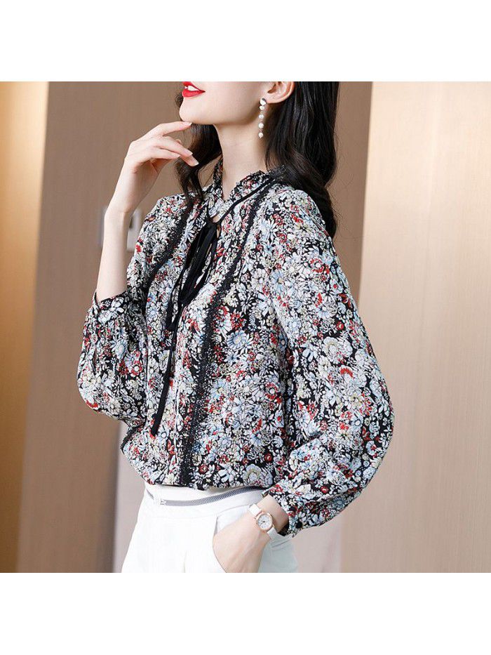Printed silk shirt women's  spring and winter New Style Lace French retro broken flower wide pine mulberry silk top 