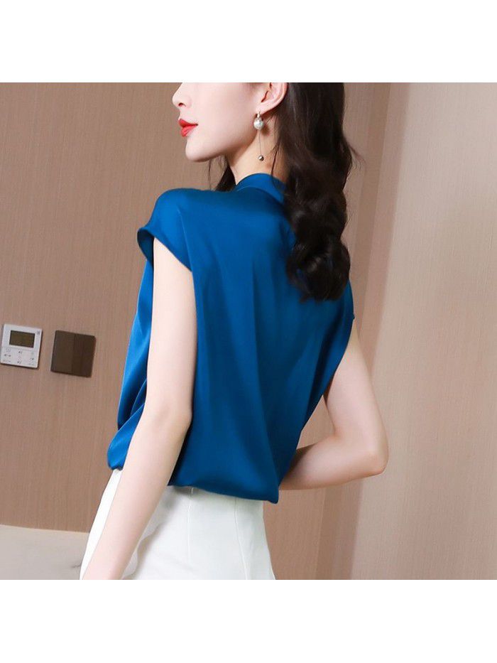 Blue heavyweight silk short sleeve shirt  new summer T-shirt slim high end silk top 