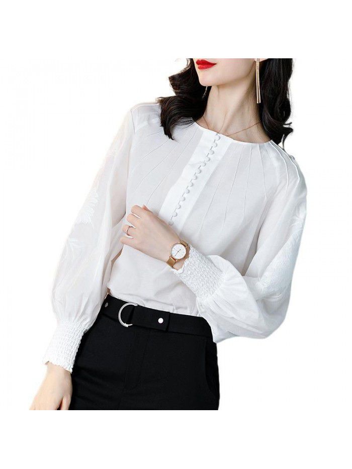 spring new shirt women's design sense minority fashion foreign style shirt temperament retro embroidery silk top 