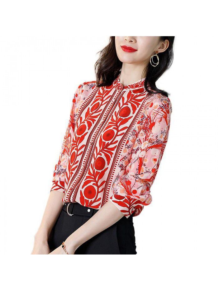 Silk shirt women's long sleeve high end  spring dress new fashion loose retro printing temperament mulberry silk top 