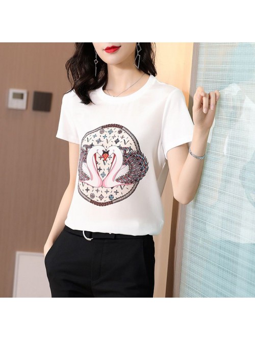 European Printed White Short Sleeve Silk T-shirt w...
