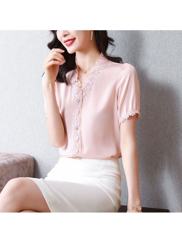 Women's design sense of heavy silk shirt niche  summer new lace short sleeve Mulberry Silk Pink Top 
