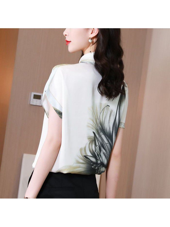 White heavyweight silk top short sleeve  summer new fashion print wide pine mulberry silk shirt 