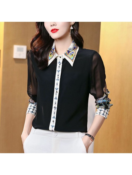 Design sense printed black silk shirt for women�...