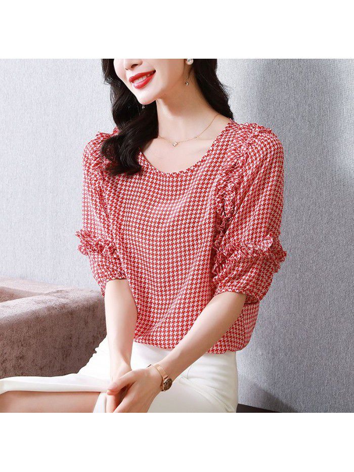 Red Plaid silk shirt women's top  summer new French Quarter Sleeve Silk Shirt women's wear 