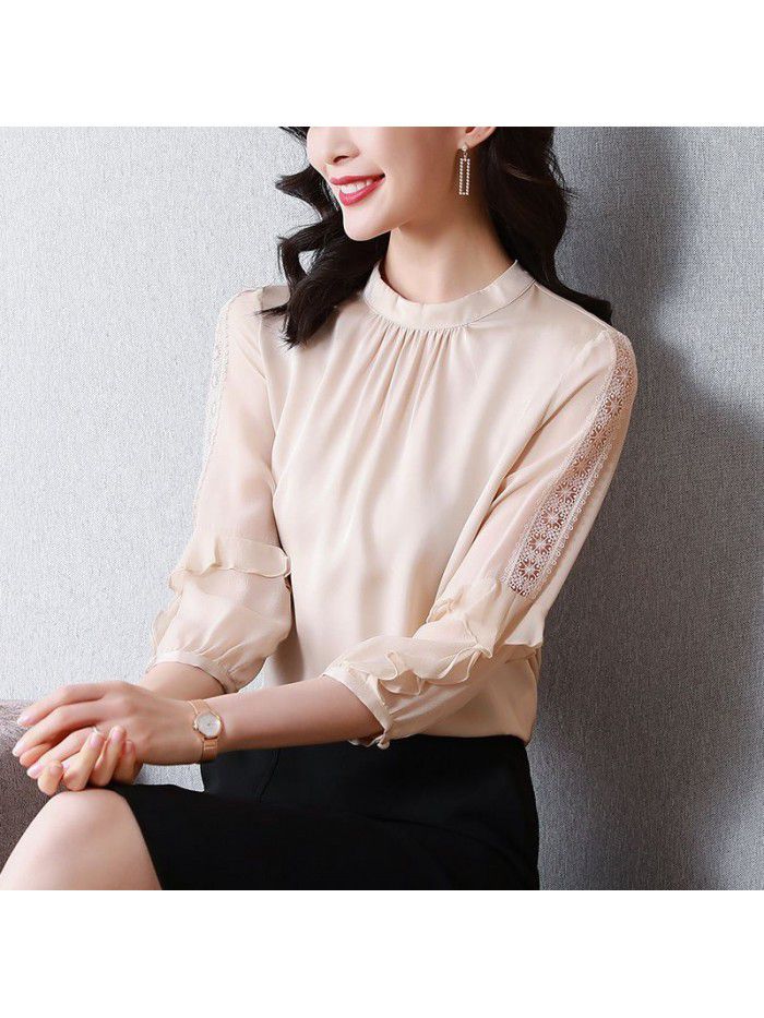 Silk shirt women's  spring and summer new lace ruffle design 