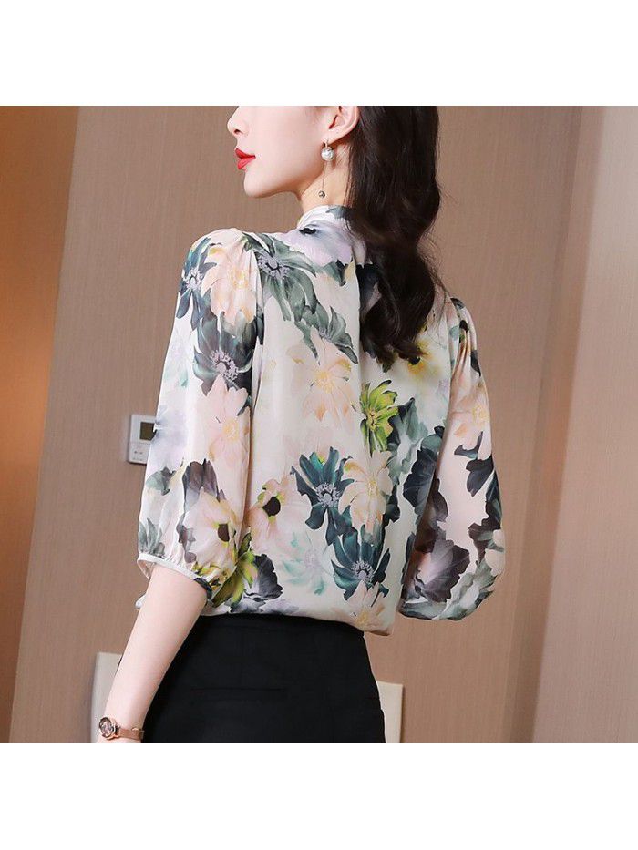 Heavyweight silk shirt mid sleeve  summer new style design sense minority temperament mulberry silk floral top 