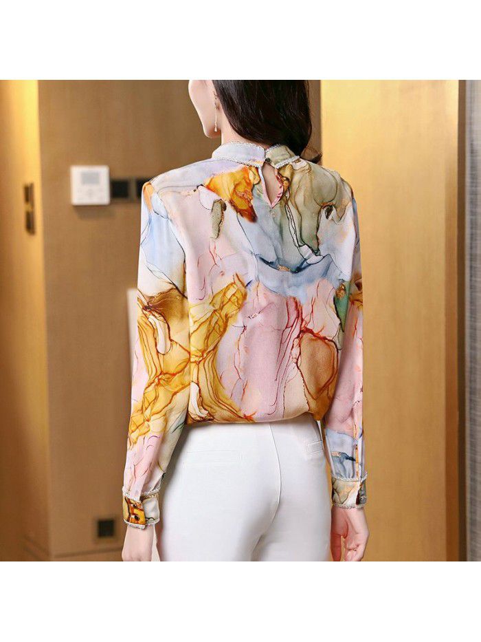 Heavy silk shirt women's  new spring fashion loose coil button printing drape long sleeve mulberry silk top 