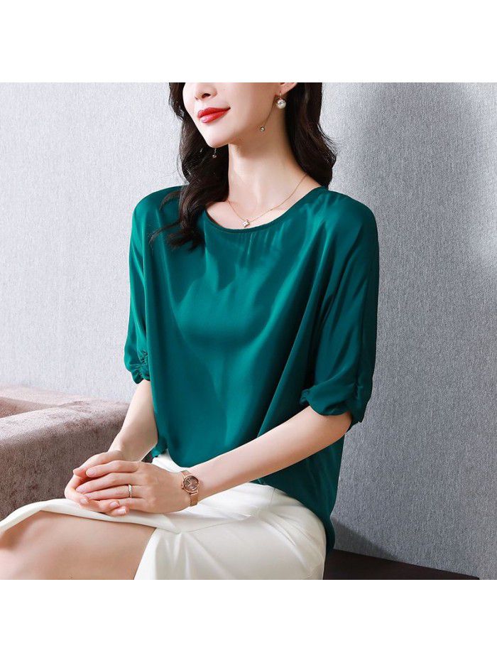 Satin glossy French silk shirt women's short sleeve round neck silk blouse 