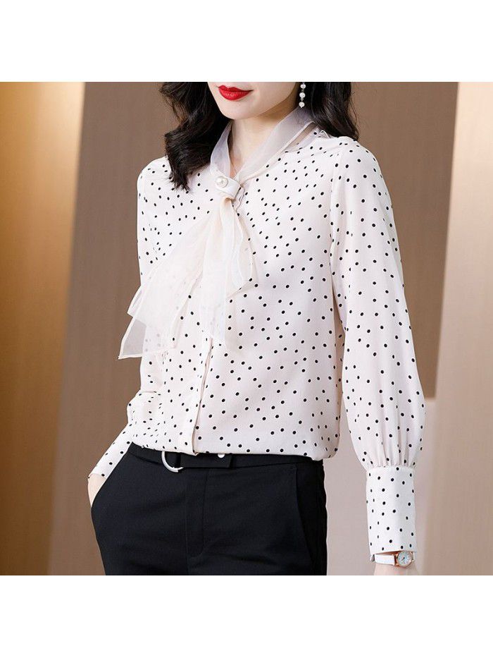 Women's design sense of silk shirt niche spring and summer  new wave dot long sleeve top nailed with pearl mulberry silk 