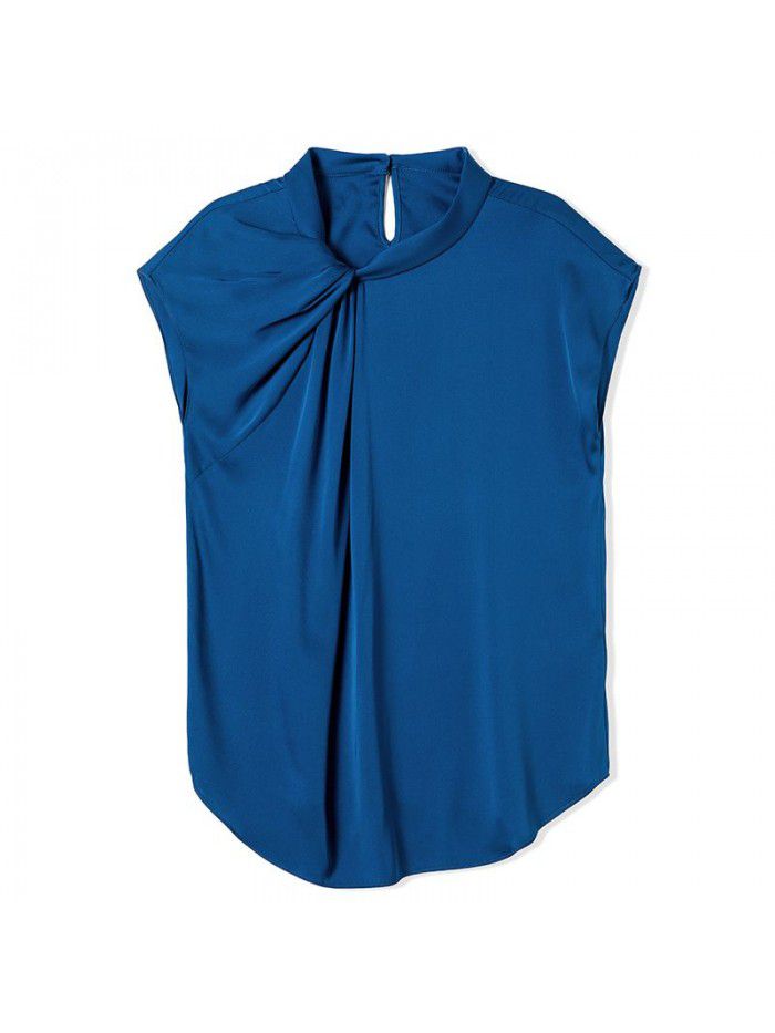 Blue heavyweight silk short sleeve shirt  new summer T-shirt slim high end silk top 