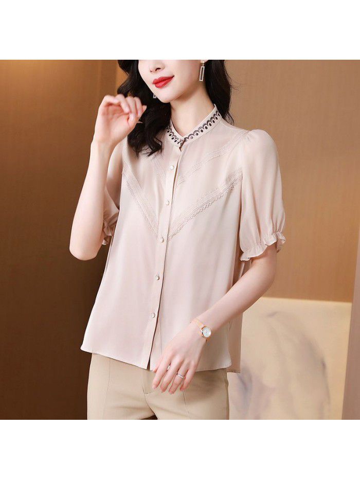 Heavy silk shirt summer  new fashion women's lace embroidery high end silk apricot short sleeve shirt 