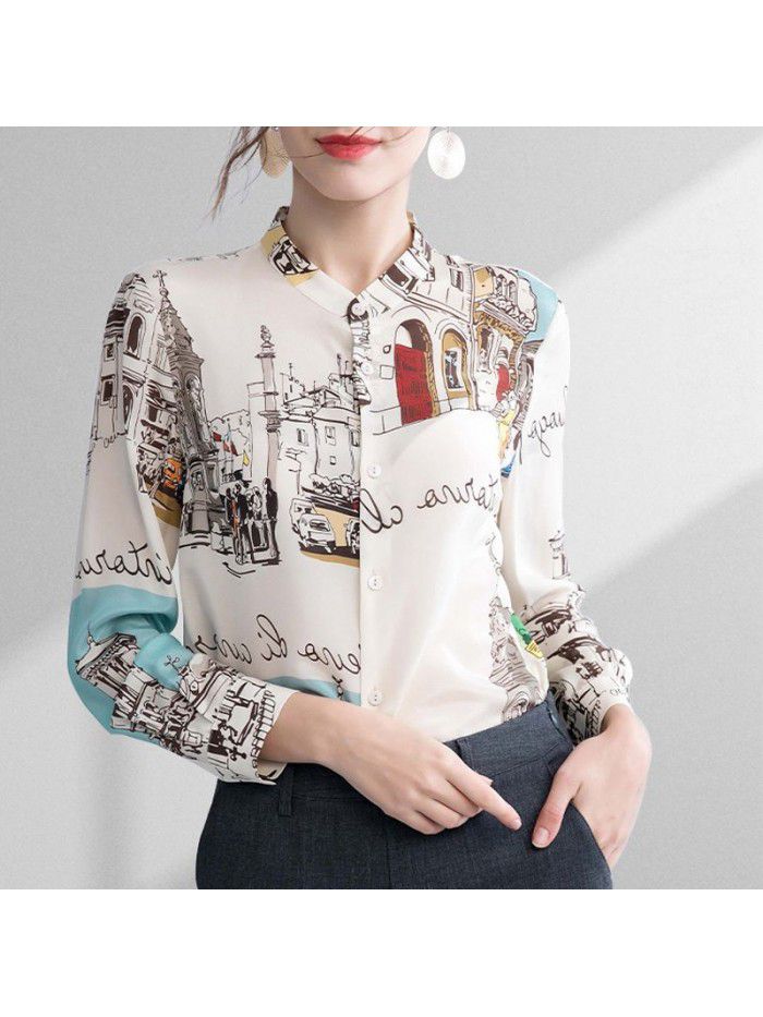 Women's spring new  shirt architectural printing long sleeve mulberry silk temperament standing collar printing heavy silk top 