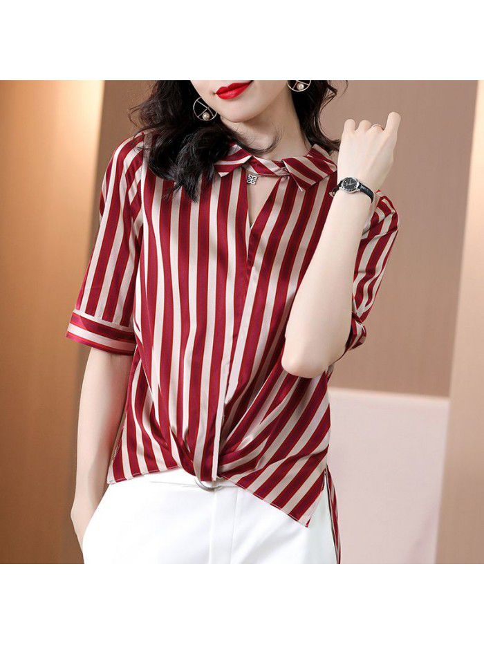 Striped silk shirt women's top  summer new loose cover meat temperament foreign style mulberry silk blouse 